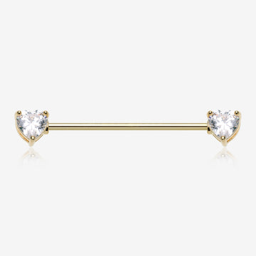 Golden Brilliant Heart Sparkle Ends Industrial Barbell-Clear Gem